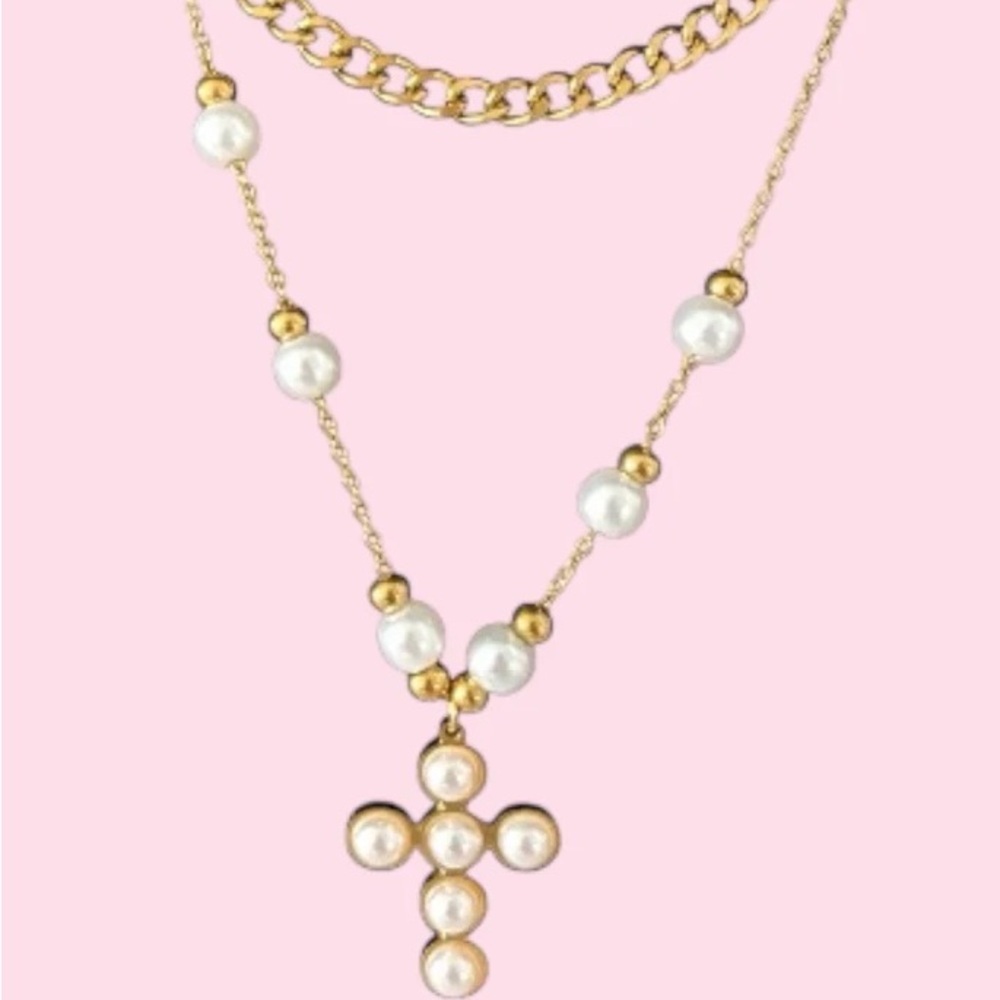 Elegant Gold and Pearl Cross Necklace